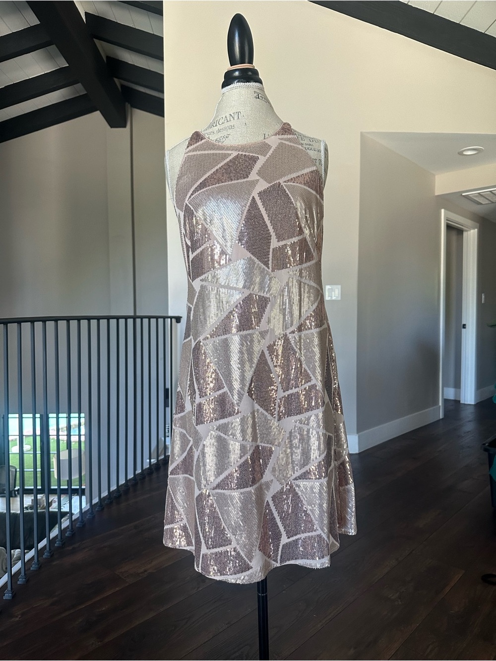 Vince Camuto Blush Taupe Sequin Geometric Mini Dress
